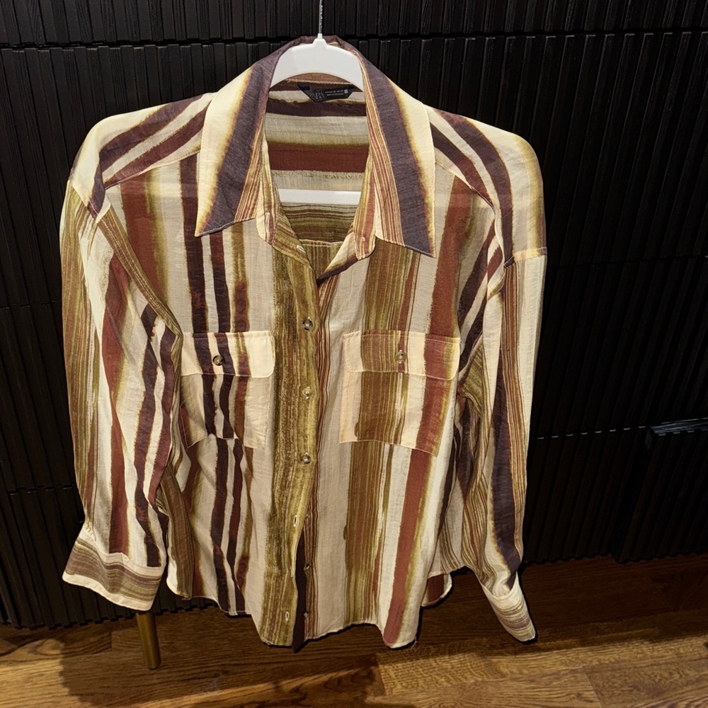 Zara Earth Tone Striped Button Down Shirt